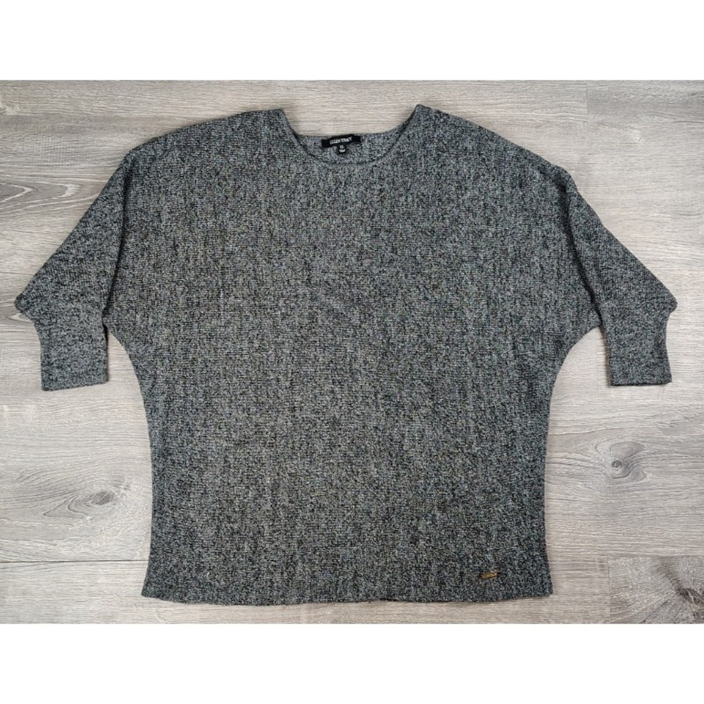 Ellen Tracy Top XL Gray Knit 3/4 Sleeve Dolman Gold Logo‎ Sweater
